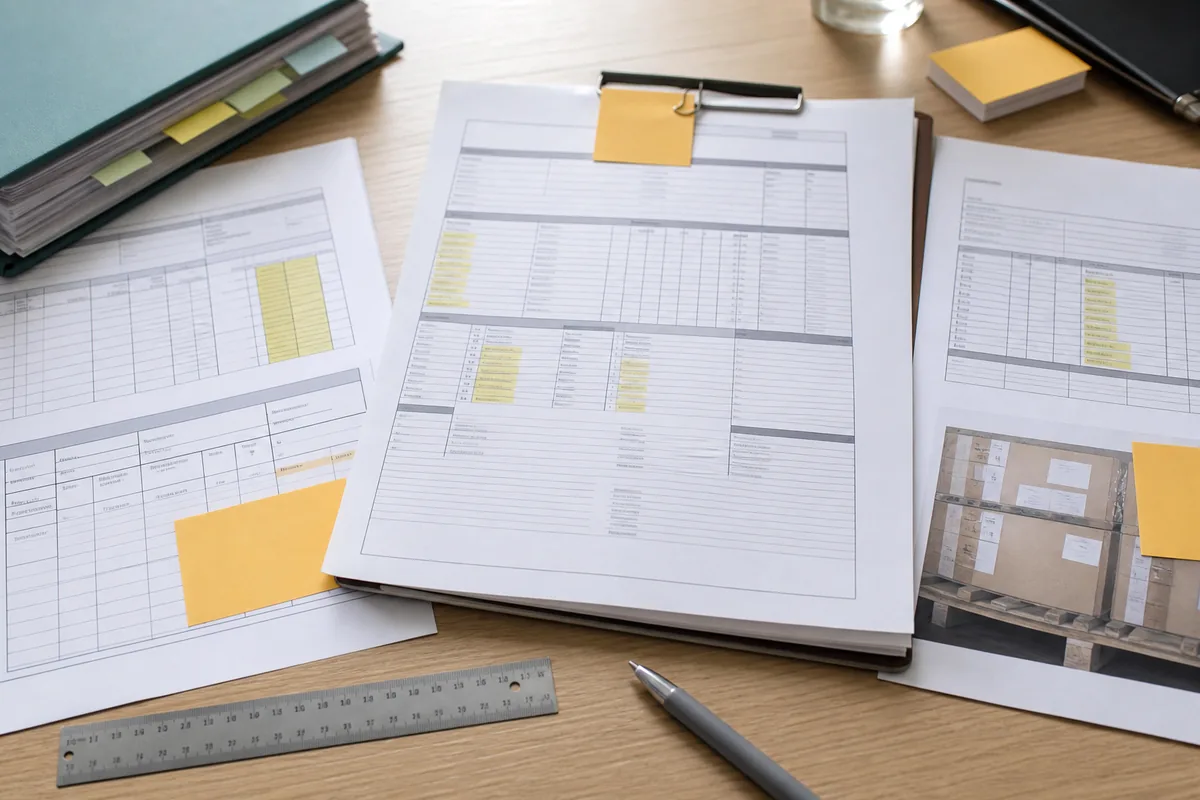 Purchase order, invoice, packing list, and shipment photo arranged for document review.