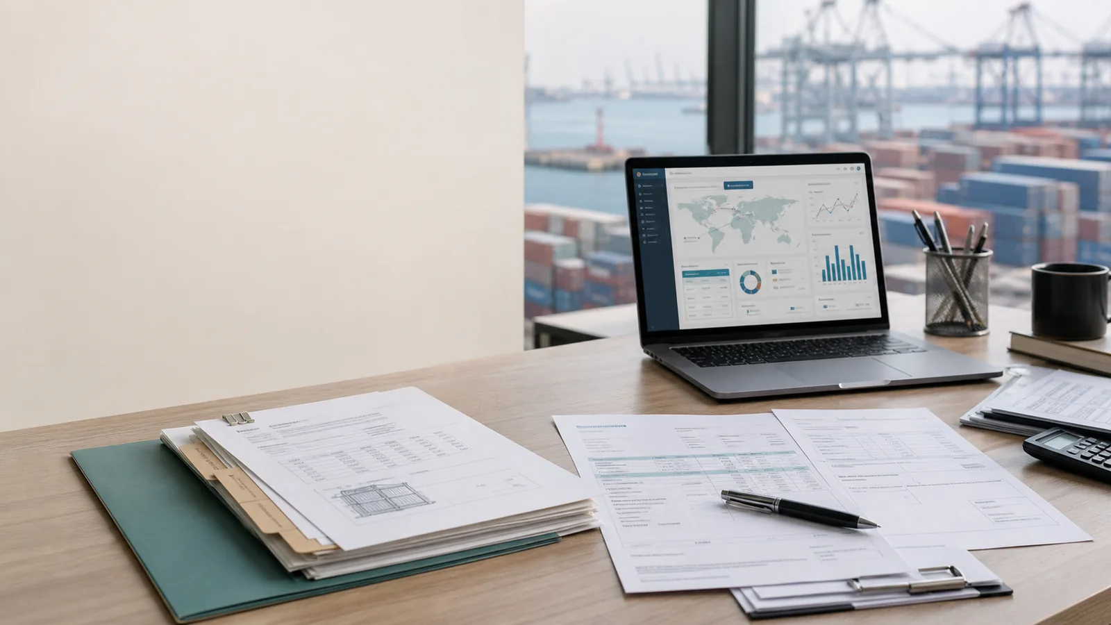 Trade documents and logistics dashboard on an importer desk overlooking a container port.